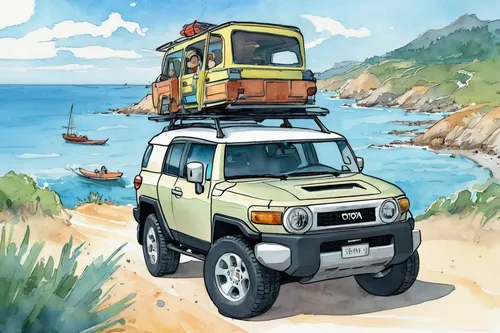 Illustrate the joy and excitement of a family road trip in a Toyota FJ Cruiser along the scenic coast.,toyota fj cruiser,suzuki jimny,camper on the beach,tata sumo,nissan xterra,toyota land cruiser,ho