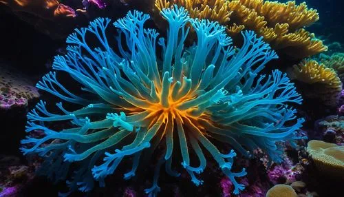 macrophotograph, beautiful bioluminescent blue glow quantum  sea coral polyp on the reef, natural lighting, light-focused, amateur shot,blue anemone,coral guardian,star anemone,large anemone,anemone o