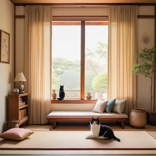 japanese-style room,ryokan,tatami,ryokans,ozu,sakimoto,kondo,zazen,cat frame,takimoto,yasunari,zakka,home corner,ikebana,tonalism,studio ghibli,sitting room,wooden windows,livingroom,window curtain,Illustration,Retro,Retro 09