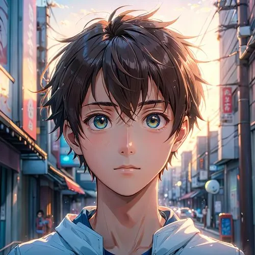 an anime boy wearing a hooded jacket in the street,oikawa,mabuchi,kiriyama,akira,anime boy,eiji,Anime,Anime,General