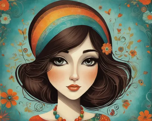 vintage girl,art deco woman,boho art,vintage woman,watercolor pin up,fantasy portrait,retro girl,watercolor women accessory,retro pin up girl,illustrator,retro woman,girl in a wreath,portrait background,girl in flowers,girl portrait,autumn icon,tiger lily,flower painting,vintage women,flapper,Illustration,Abstract Fantasy,Abstract Fantasy 02