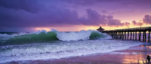 Wave at Juno Beach Pier During Stormy Sunrise,scripps pier,cromer pier,storm surge,huntington beach,cromer,sea storm,oceanside,fishing pier,stormy sea,old pier,pismo beach,wooden pier,hurricane irene,