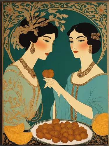 xiaolongbao,mitarashi dango,persimmons,umeboshi,mooncake festival,brigadeiros,hands holding plate,tangyuan,apricots,tea ceremony,kumquats,mooncakes,marzipan balls,vintage illustration,shumai,loquat,bourbon ball,mid-autumn festival,gulab jamun,novruz,Illustration,Retro,Retro 26