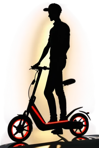 Electric scooter, sleek design, shiny metal body, black wheels, LED headlights, red brake lights, comfortable seat, handlebars with grips, folding mechanism, standing rider, dynamic pose, urban settin