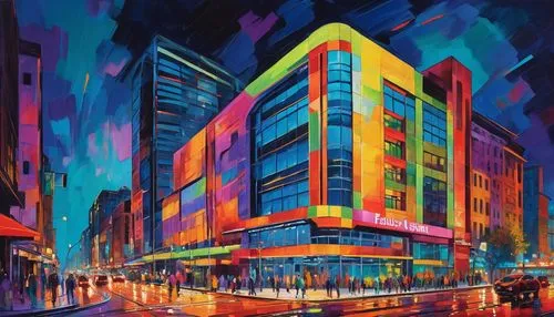 colorful city,woolworth,radio city music hall,bloomingdales,arnotts,metropolis,dobner,belasco,macys,macerich,herberger,city scape,cityscapes,department store,cityscape,colorful facade,world digital painting,colored lights,madison square garden,night scene,Conceptual Art,Oil color,Oil Color 25