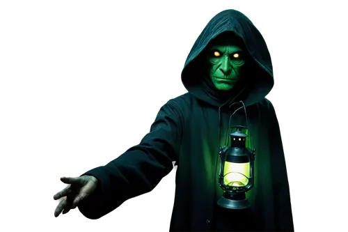 Creepy, green skin, long fingers, eyes glowing in dark, black clothes, tattered hood, eerie atmosphere, misty surroundings, dim lantern light, creepy sound effects, close-up shot, shallow depth of fie