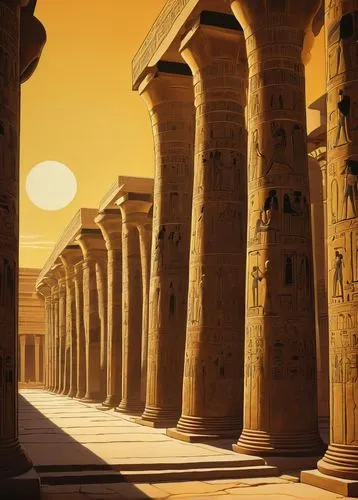 Ancient Egyptian temple, grandiose, monumental, stone pillars, hieroglyphics, intricate carvings, golden accents, obelisk, sphinx, pharaoh, priest, ceremonial, ritual, sunset, warm lighting, dramatic 