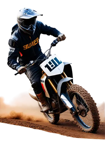 Motocross bike, dynamic motion, speed lines, dust trail, rugged terrain background, low-angle shot, dramatic lighting, warm color tone, 3/4 composition, shallow depth of field, realistic texture, deta