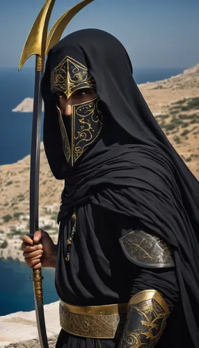 face covered with a black veil, Persian immortal warrior in black clothes with golden arrows, black veil, with a curved sword in his hand, in the background - the Greek coast, olive valley,thracian,ly