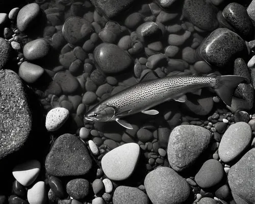 salmon, fish, swimming, river, clear water, rocks, pebbles, weeds, water plants, sunlight filtering down, rippling effect, shallow water, calm atmosphere, peaceful environment, natural habitat, detail