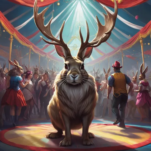 jackalope,stag,circus animal,manchurian stag,competition event,circus tent,game illustration,oktoberfest background,deer illustration,elk,easter festival,award background,easter theme,kristbaum ball,gold deer,circus,reindeer from santa claus,collectible card game,advent market,circus show,Conceptual Art,Fantasy,Fantasy 03