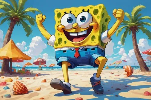 Pixel art, SpongeBob SquarePants, bright yellow skin, blue square pants, white shirt, goofy smile, excited pose, arms akimbo, legs slightly bent, beach setting, sunny day, clear blue sky, fluffy white