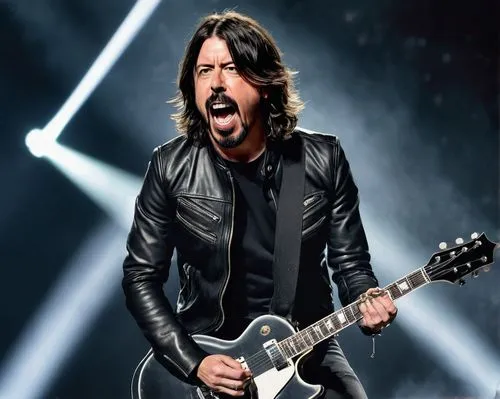 Dave Grohl, bobblehead, iconic guitarist, Foo Fighters, black leather jacket, ripped jeans, white sneakers, energetic stage presence, holding guitar, shredding solo, spotlight, arena concert, crowd ch