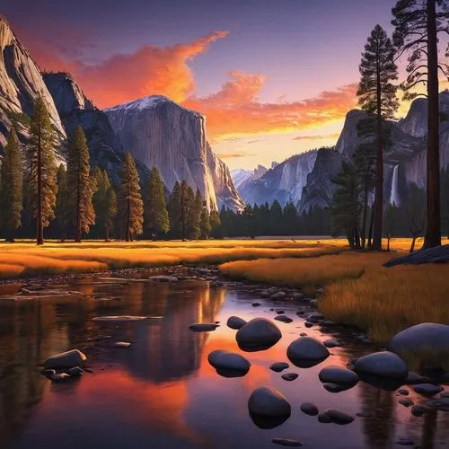 yosemite,yosemite park,salt meadow landscape,yosemite national park,yosemite valley,half dome,landscape background,half-dome,meadow landscape,mountain sunrise,mountain landscape,nature landscape,beautiful landscape,mountain meadow,fantasy landscape,world digital painting,alpine sunset,natural landscape,landscape nature,mountain scene,Conceptual Art,Fantasy,Fantasy 03