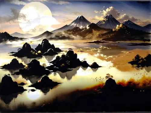 a painting with a full moon and landscape in the background,world digital painting,fantasy landscape,landscape background,virtual landscape,mountainous landscape,mountain landscape,volcanic landscape,