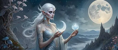 sorceress,fantasy picture,fantasy art,the snow queen,blue enchantress,elven,the enchantress,moonbeam,white rose snow queen,dark elf,faerie,priestess,ice queen,fantasy woman,the night of kupala,zodiac sign libra,fantasy portrait,the zodiac sign pisces,horn of amaltheia,heroic fantasy,Illustration,Realistic Fantasy,Realistic Fantasy 40