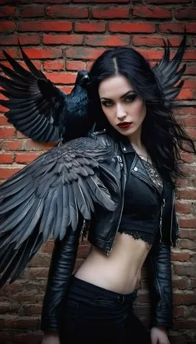 Raven back tattoo, mysterious woman, 25yo, pale skin, long black hair, bold eyebrows, dark eyes with thick eyeliner, red lips, intricate raven design on upper back, wings spread wide, subtle shading, 