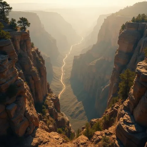 Grand canyon, majestic landscape, dramatic rocky cliffs, deep valleys, vast open space, natural wonder, warm golden light, soft mist, few trees, scattered rocks, winding trails, rustic wooden bridges,