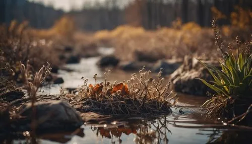 wetland,wetlands,swampy landscape,forest floor,swamp,earth in focus,depth of field,freshwater marsh,autumn forest,brook landscape,tidal marsh,autumn background,tiny world,cattails,fall landscape,aquatic plants,aquatic plant,water scape,autumn landscape,tilt shift,Photography,General,Cinematic