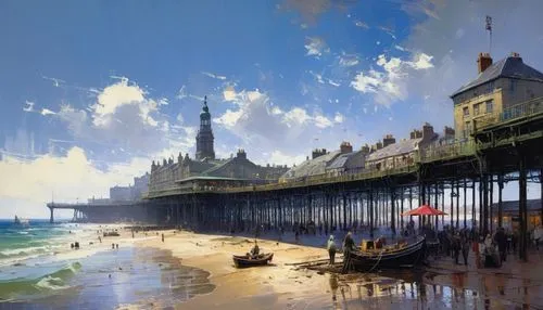 Newcastle upon Tyne, sunny, Britsh pier on the sea with pub and shops, scene of 19th century, insanely detailed inpasto painting with rough paint strokes and textures, by Pino Daeni, Jeremy Mann, Carn