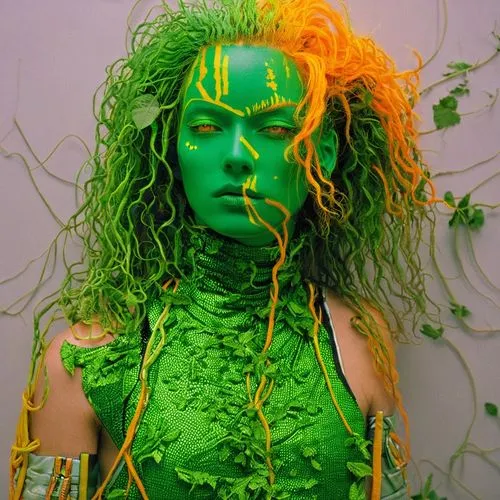 cyberpunk, vaporwave, syfy, 1990, colours orange, yellow, green,green hair and make - up are the accents of this woman's avatar,matangi,neon body painting,bjork,biophilia,medusa gorgon,anahata,Photogr