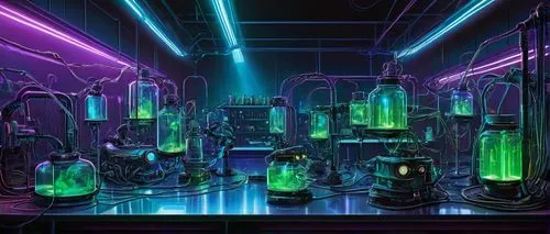 Fantasy illustration, glowing nectar, AI-generated scenery, futuristic laboratory, glass containers, shimmering liquids, neon lights, metallic tables, sci-fi equipment, wires and circuits, robotic arm