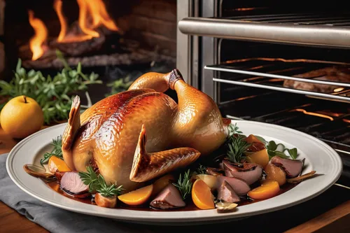 Describe the mouthwatering aroma of a perfectly roasted duck as it sizzles in the oven.,roasted duck,roast duck,roast goose,thanksgiving turkey,roasted pigeon,turkey ham,roasted chicken,domesticated t