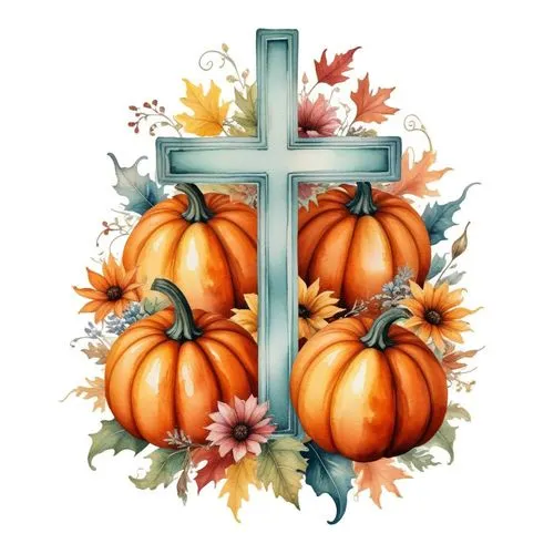 two pumpkins and a cross painted in watercolor,autumn icon,thanksgiving background,mabon,all saints' day,seasonal autumn decoration,michaelmas