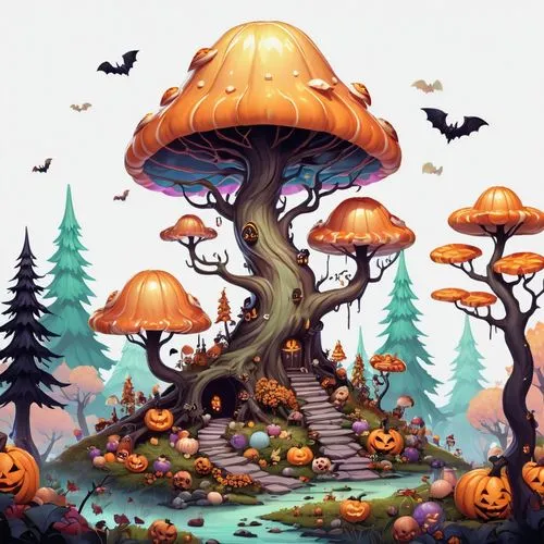 mushroom landscape,mushroom island,tree mushroom,fairy village,cartoon forest,fairy forest,Illustration,Abstract Fantasy,Abstract Fantasy 11