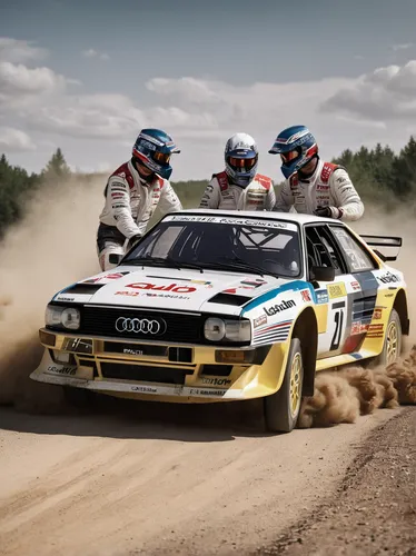 Create a dialog between two rally drivers discussing the powerful performance of the Audi Quattro.,audi pikes peak quattro,audi quattro,audi le mans quattro,group b,lancia 037,regularity rally,world r