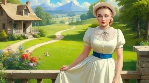 Romantic masterpiece oil painting, beautiful curvy busty woman portrait, silk midwife dress, standing, nostalgic 1950's style kitsch, breathtaking beautiful epic vast American Midwestern landscape, li