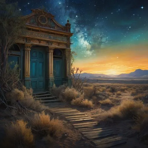 fantasy landscape,ancient house,fantasy picture,desert landscape,blue door,desert desert landscape,lonely house,egyptian temple,world digital painting,fantasy art,capture desert,dreamscape,home landscape,stargates,photo manipulation,the threshold of the house,astronomy,outhouse,goldmoon,desert background,Conceptual Art,Fantasy,Fantasy 05