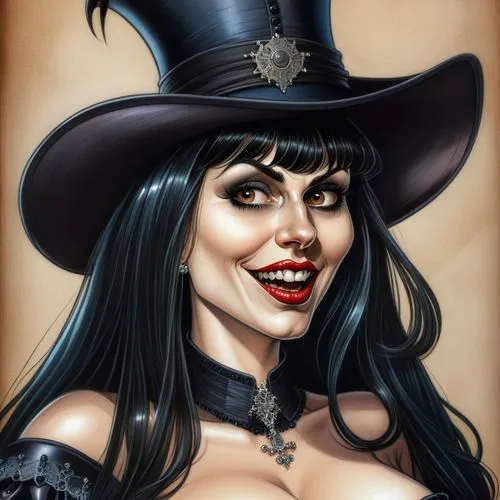 beautiful medieval caucasian vampire lady with bangs and long black hair dressed in corsete and hat,vampire woman,vampira,vampire lady,witch's hat icon,halloween witch,black hat,witch,halloween illust