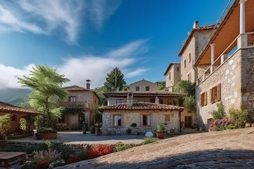 an estate surrounded by trees, shrubs, and large rocks,agritubel,quirico,serravalle,villenueve,brignone,auberge,provencal,montbrun,bastide,piemontese,asolo,lunigiana,provence,piedmontese,aubonne,corto