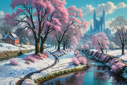 winter landscape,snow landscape,snow scene,snowy landscape,christmas landscape,ice landscape,early spring,cold cherry blossoms,winter background,cherry trees,snow trees,sakura trees,winter village,fantasy landscape,winter dream,winter morning,spring morning,purple landscape,korean village snow,rural landscape,Art,Classical Oil Painting,Classical Oil Painting 15