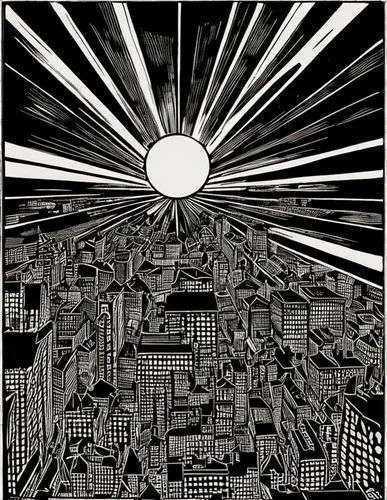 metropolis,panoramical,city in flames,black city,3-fold sun,escher,rising sun,morning illusion,metropolises,reverse sun,capital cities,incidence of light,klaus rinke's time field,searchlights,city cit