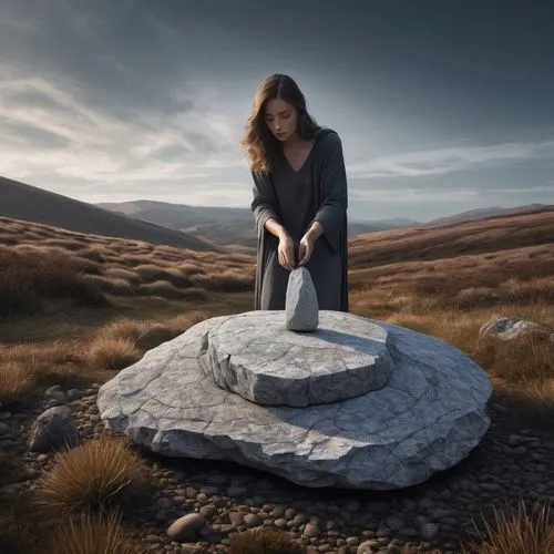 woman at the well,stone balancing,stone sink,chambered cairn,digital compositing,stacking stones,conceptual photography,wishing well,rock cairn,cairn,photo manipulation,stone circle,stone angel,stone sculpture,girl with a wheel,photomanipulation,stone drawing,stone pedestal,stone oven,stone fountain,Photography,Artistic Photography,Artistic Photography 11