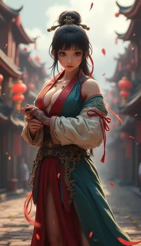 
3d realistic character image of Yue Lao from Chinese Mythology,an anime girl with black hair, in traditional dress, walking down a street,longmei,yongmei,kagura,diaochan,xiaoyu,hanbei