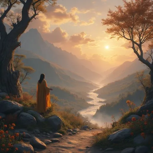 fantasy landscape,world digital painting,fantasy picture,landscape background,the mystical path,mountain sunrise,Photography,General,Realistic