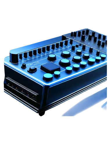 Digital soundboard, futuristic console, neon blue lights, metallic surface, buttons and knobs, wires and circuits, sleek design, high-tech gadget, detailed textures, shallow depth of field, panoramic 