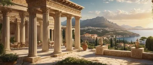 greek temple,delphi,the ancient world,house with caryatids,celsus,capri,palmyra,acropolis,celsus library,artemis temple,logopolis,taormina,caesonia,caesar palace,parnassus,panagora,temple of diana,ephesus,doric columns,odyssey,Illustration,Realistic Fantasy,Realistic Fantasy 42