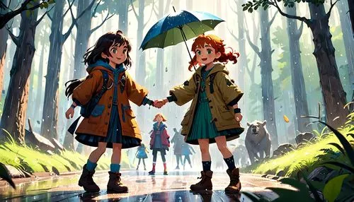 walking in the rain,raincoats,umbrellas,in the rain,after the rain,girl and boy outdoor,Anime,Anime,Cartoon