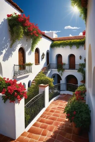 roof landscape,exterior decoration,holiday villa,houses clipart,3d rendering,balcony garden,traditional house,roof terrace,patios,home landscape,bougainvilleans,world digital painting,guesthouses,balconies,balcony,casitas,bougainvilleas,terraza,beautiful home,hacienda,Conceptual Art,Sci-Fi,Sci-Fi 21