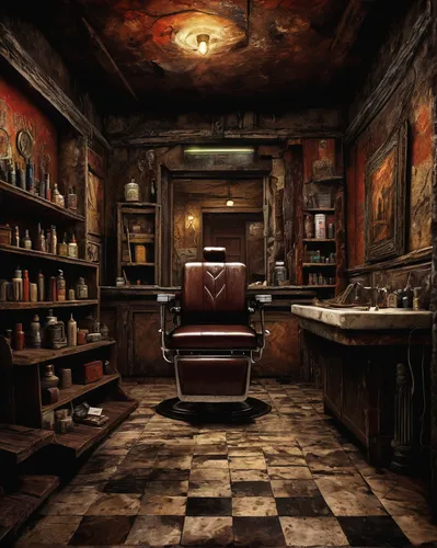 barber shop,barbershop,barber chair,apothecary,barber,salon,soap shop,hairdressers,hairdressing,dark cabinetry,hairdresser,beauty salon,the long-hair cutter,fallout shelter,cosmetics counter,beauty room,butcher shop,consulting room,the shop,pomade,Illustration,Realistic Fantasy,Realistic Fantasy 33