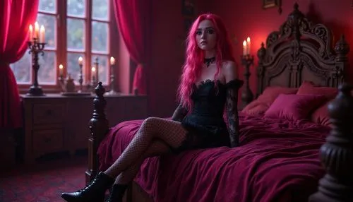 dark pink in colour,poison,countess,dark pink,bedroom,velvet,victorian,vampyre,burlesque,femme fatale,dark gothic mood,victorian room,ekatarina,la violetta,pink hair,devil,vampire lady,red,vampire,vtm,Photography,General,Realistic