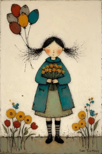 girl picking flowers,girl in flowers,cloves schwindl inge,dandelions,flying dandelions,girl in the garden,little girl in wind,little girl with balloons,girl with a wheel,woolflowers,carol colman,flower painting,girl with bread-and-butter,marguerite,woman holding pie,folk art,flower girl,dandelion,flower garden,dandelion meadow,Art,Artistic Painting,Artistic Painting 49