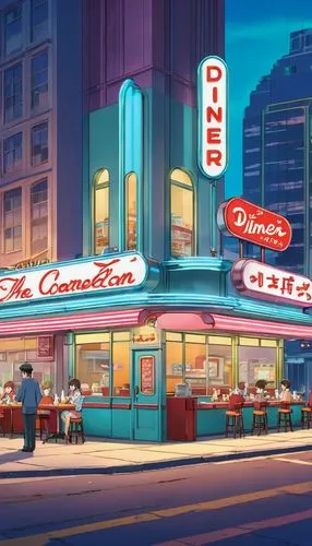 retro diner,diner,drive in restaurant,riverdale,diners,deli,cinema strip,cinerama,restaurants,cartoon video game background,archies,dinerstein,retro background,denys,eatery,eateries,luncheonette,new york restaurant,a restaurant,comcorp,Illustration,Japanese style,Japanese Style 03