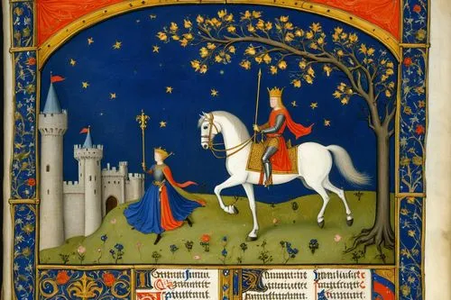 Style of the image from the "Magnificent Book of Hours of the Duke of Berry" by the Limbourg brothers, Illuminated manuscript. In the lower right corner, a medieval mounted knight in armor, a helmet w