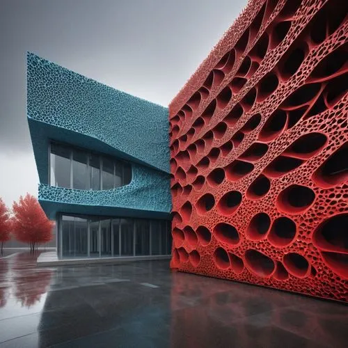 futuristic art museum,building honeycomb,honeycomb structure,red matrix,cubic house,futuristic architecture,modern architecture,printing house,aqua studio,red bricks,3d,cinema 4d,kirrarchitecture,archidaily,school design,soumaya museum,facade panels,arhitecture,3d rendering,architecture,Photography,Artistic Photography,Artistic Photography 11