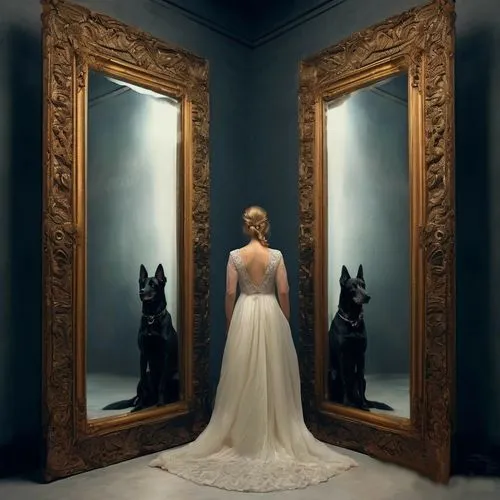 a balck dog,two people stand next to each other in an old castle with flowers,the mirror,magic mirror,mirror of souls,miroir,mirrors,mirror image